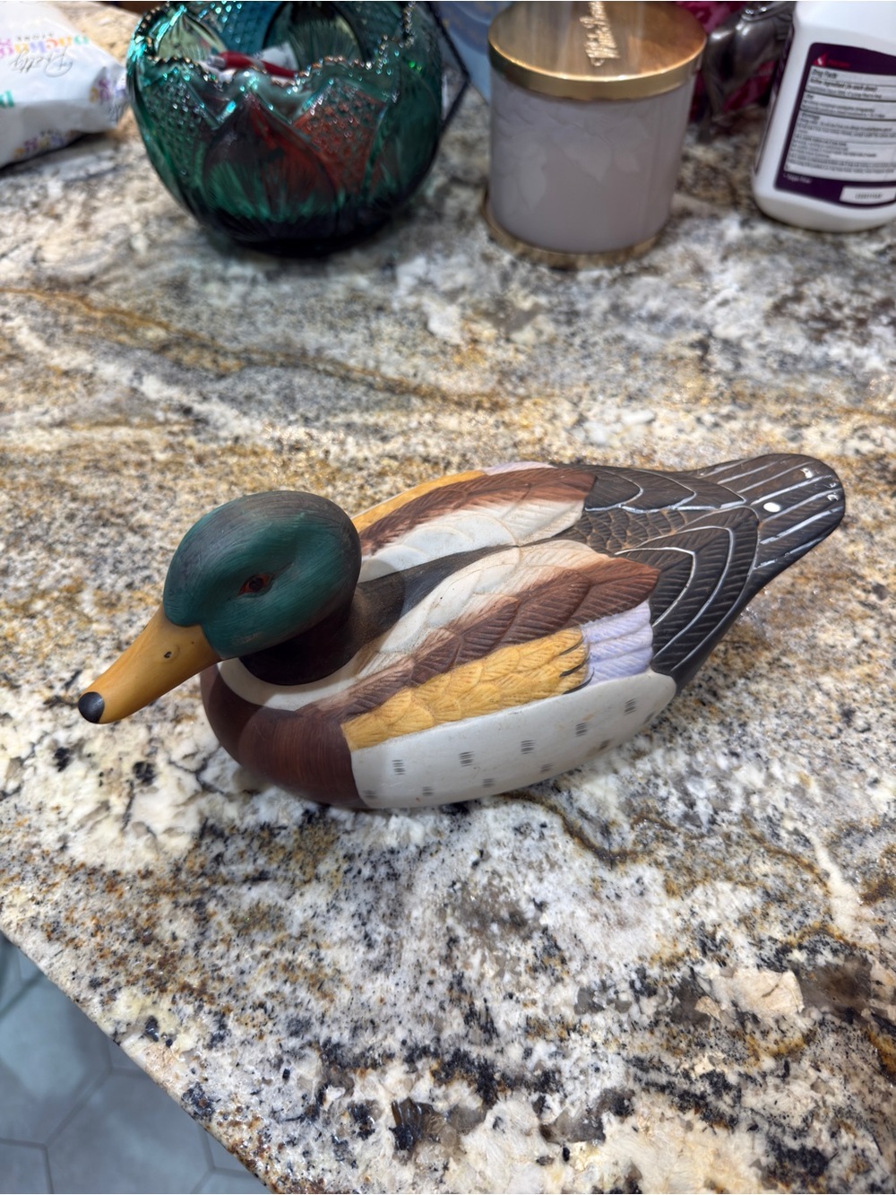 Vintage Hand-Painted Mallard Duck Decoy - Green Head, Brown & Tan Body